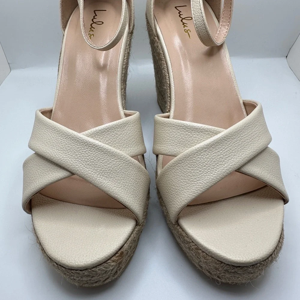 NEW Lulus Women’s Cream Crisscross Espadrilles Strap Wedge Sandal Sz 9